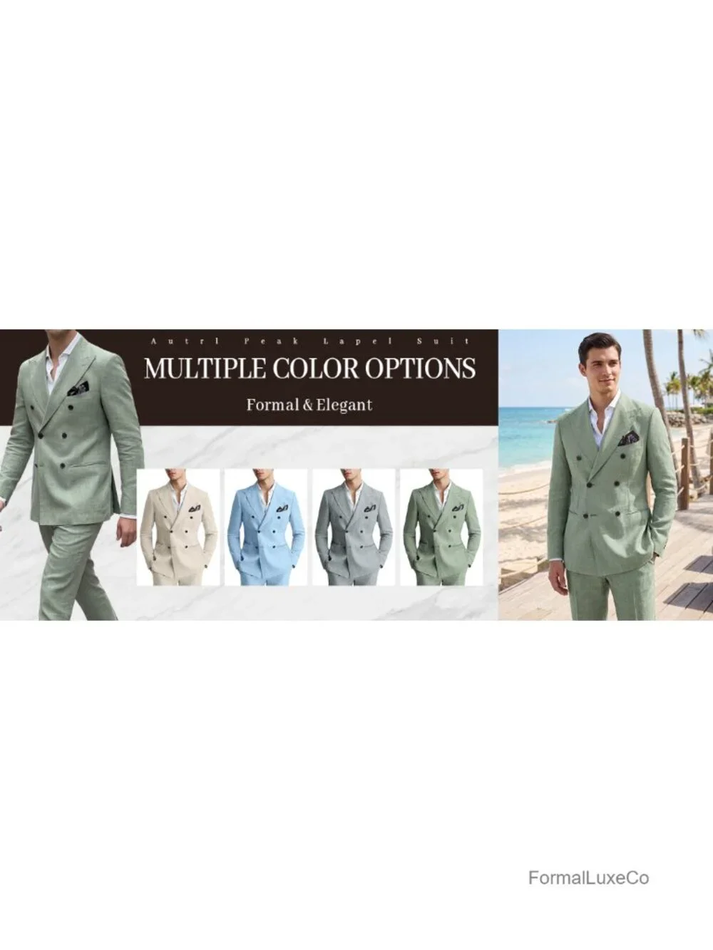Mens Linen 2 Piece Suit Slim Fit Double Breasted Tuxedos